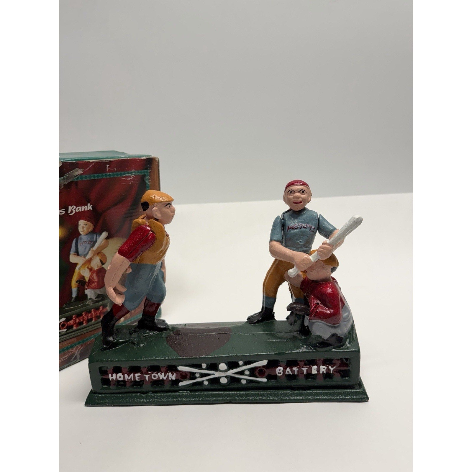 Vintage NOS "Hometown Battery" Baseball Possuns Cast Iron Mechanical Coin Bank