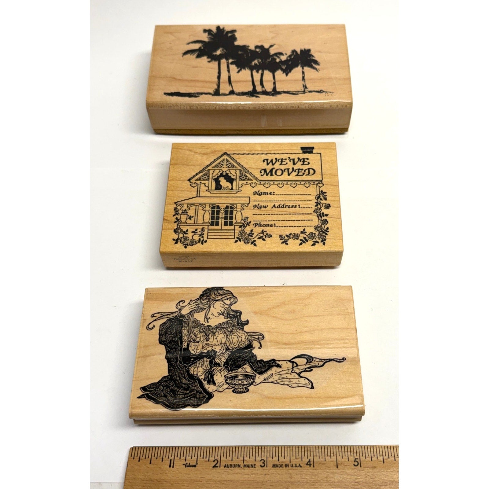 Vintage Lot Of 3 Wood Mounted Rubber Stamp Crafting