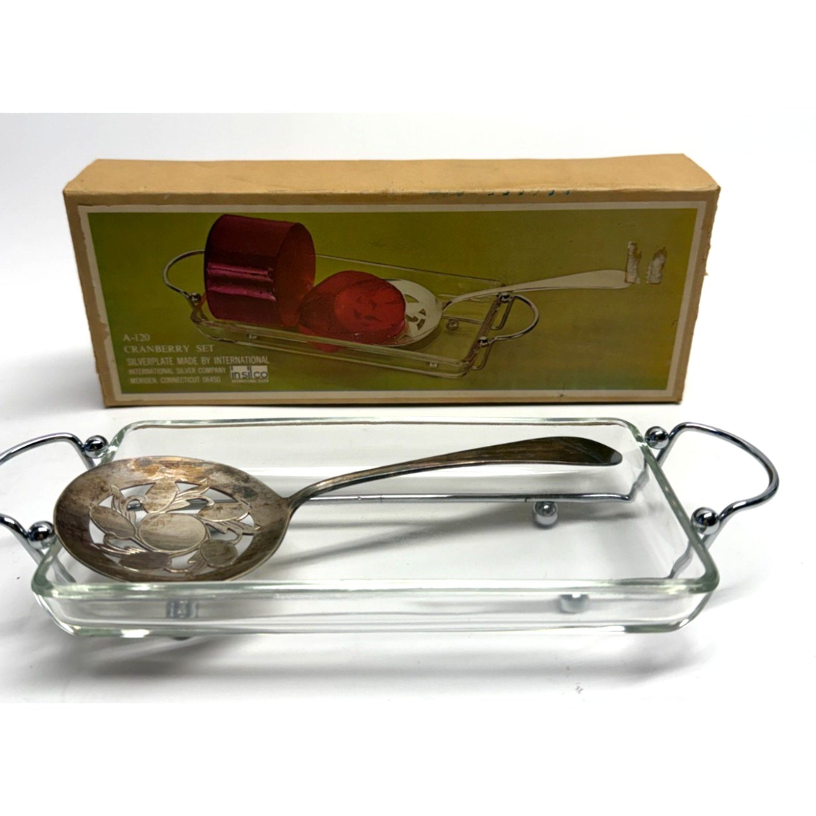 Vintage WM Rogers Silverplate Cranberry Serving Set Plate & Spoon Original Box