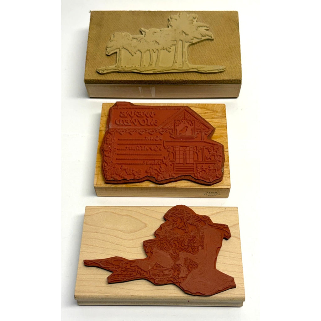 Vintage Lot Of 3 Wood Mounted Rubber Stamp Crafting