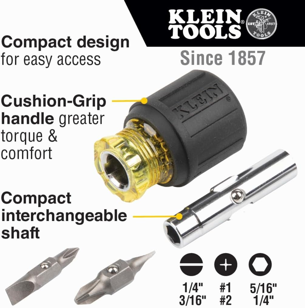 32561 Multi-Bit Screwdriver/Nut Driver, 6-In-1 Stubby Screwdriver with 2 Phillips, 2 Slotted, 2 Nut Drivers