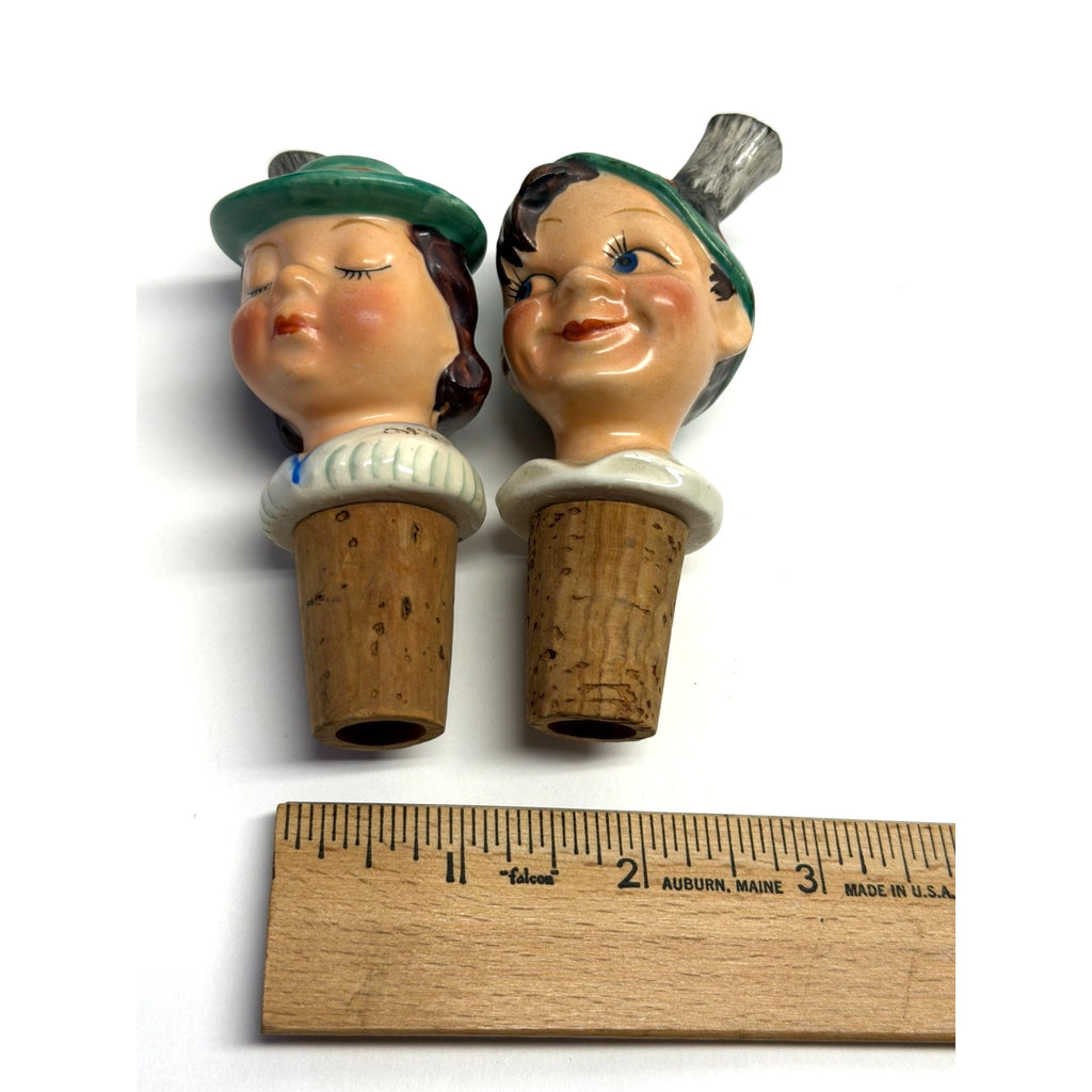 Vintage Bottle Stoppers Pourers Pair of German Porcelain HandPainted Liquor Wine