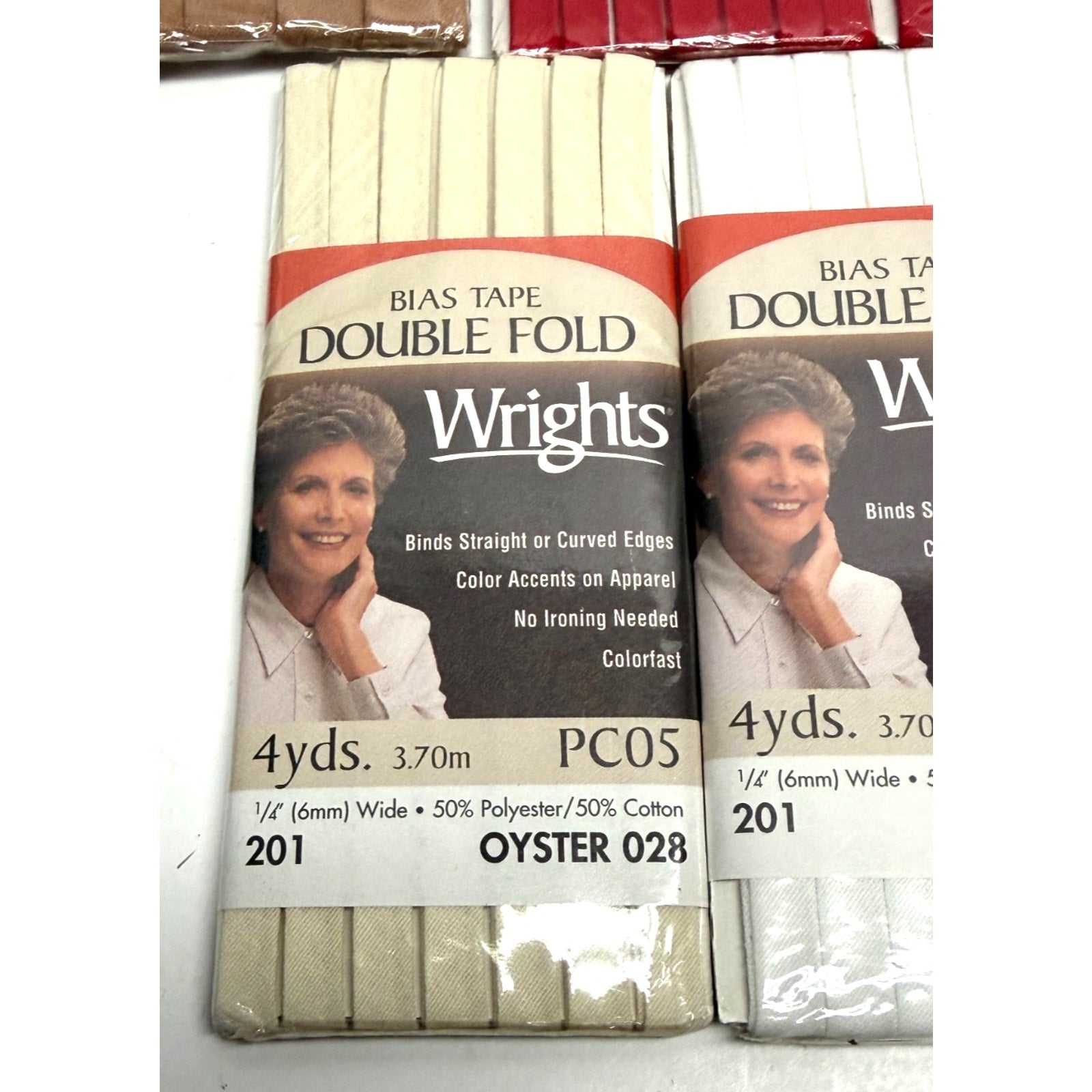 Vtg Lot of 7 Wrights Bias NEW Double Fold & Extra Wide Scarlet Oyster Tan White