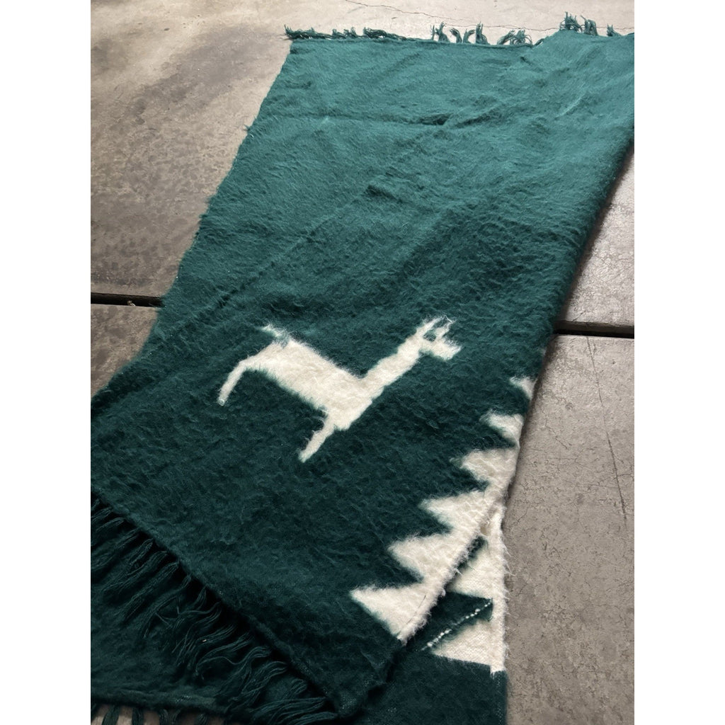 Vintage 1980 Alpaca Peruvian Wool Poncho/Blanket Lima Peru Green 52"X41"