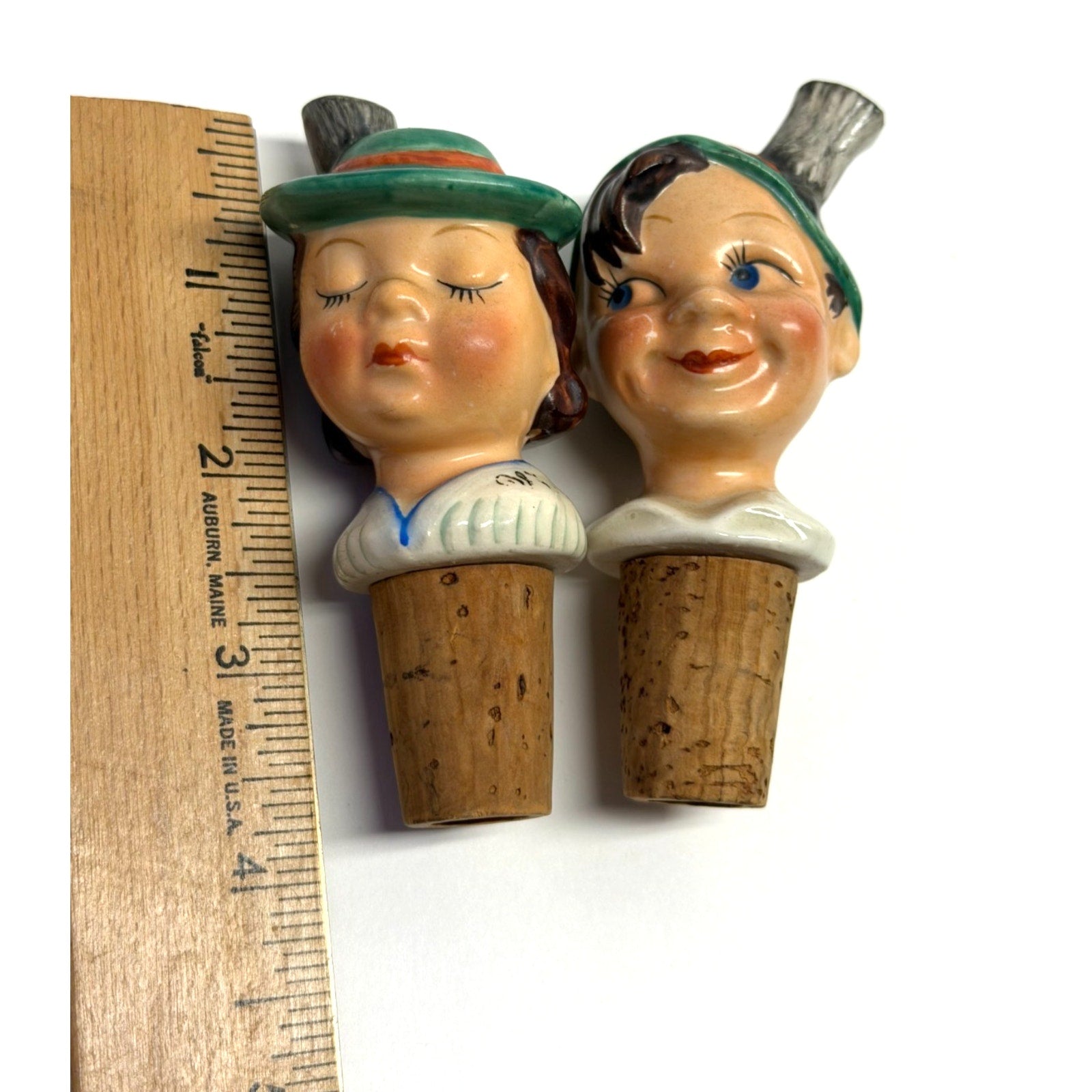 Vintage Bottle Stoppers Pourers Pair of German Porcelain HandPainted Liquor Wine