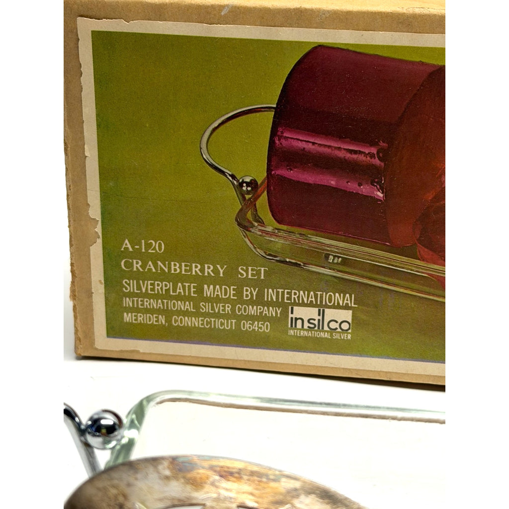 Vintage WM Rogers Silverplate Cranberry Serving Set Plate & Spoon Original Box