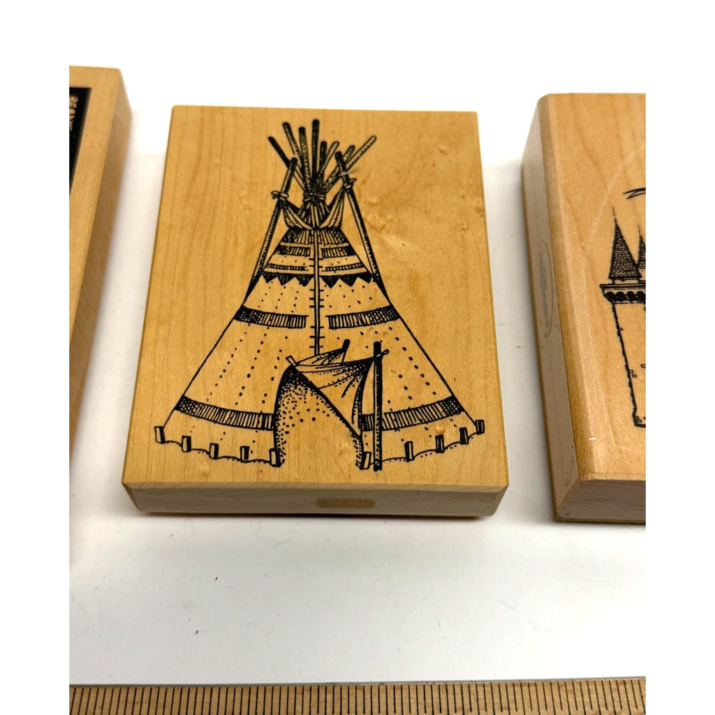 VINTAGE Lot of 3 Wood Mounted Rubber Stamps Teepee Castle & Ornate Frame - NEW!