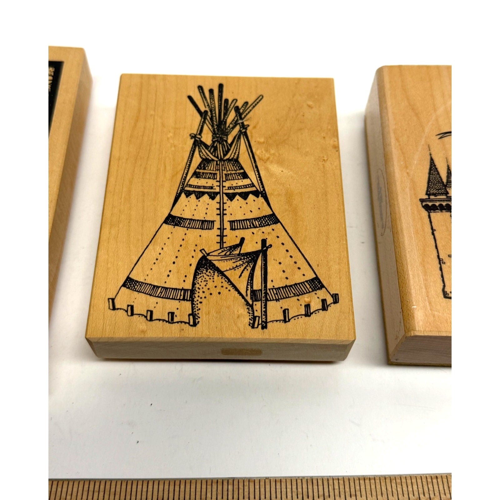 VINTAGE Lot of 3 Wood Mounted Rubber Stamps Teepee Castle & Ornate Frame - NEW!