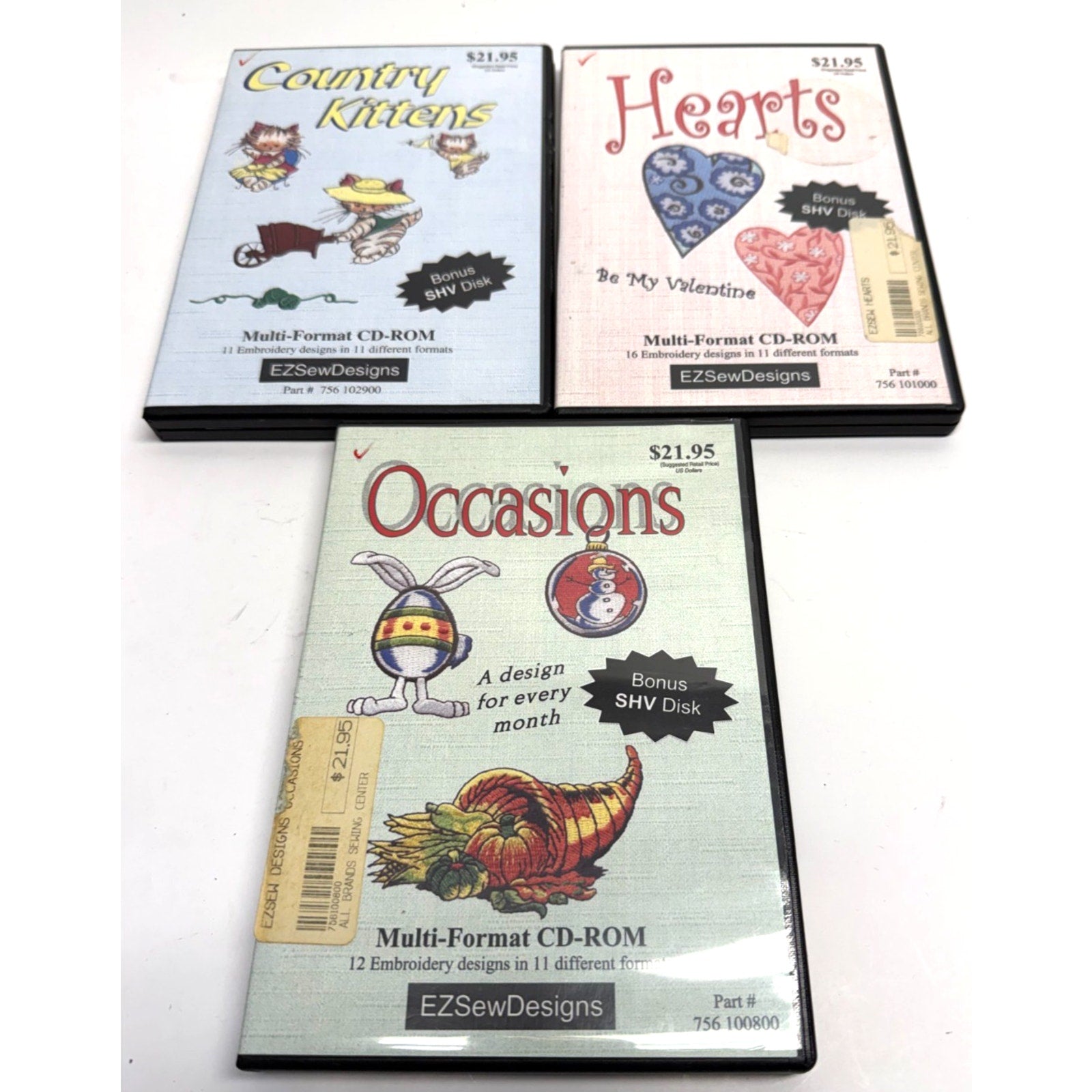 Vintage Lot of 3 EZSEWDESIGNS -Hearts, Occasions, Country Kittens embroidery