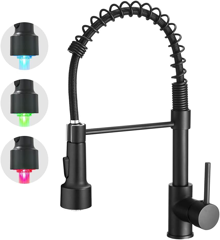 Kitchen Faucet with Sprayer Single Handle Pull down Sprayer Spring Matte Black Kitchen Sink Faucet with LED Light 9005R