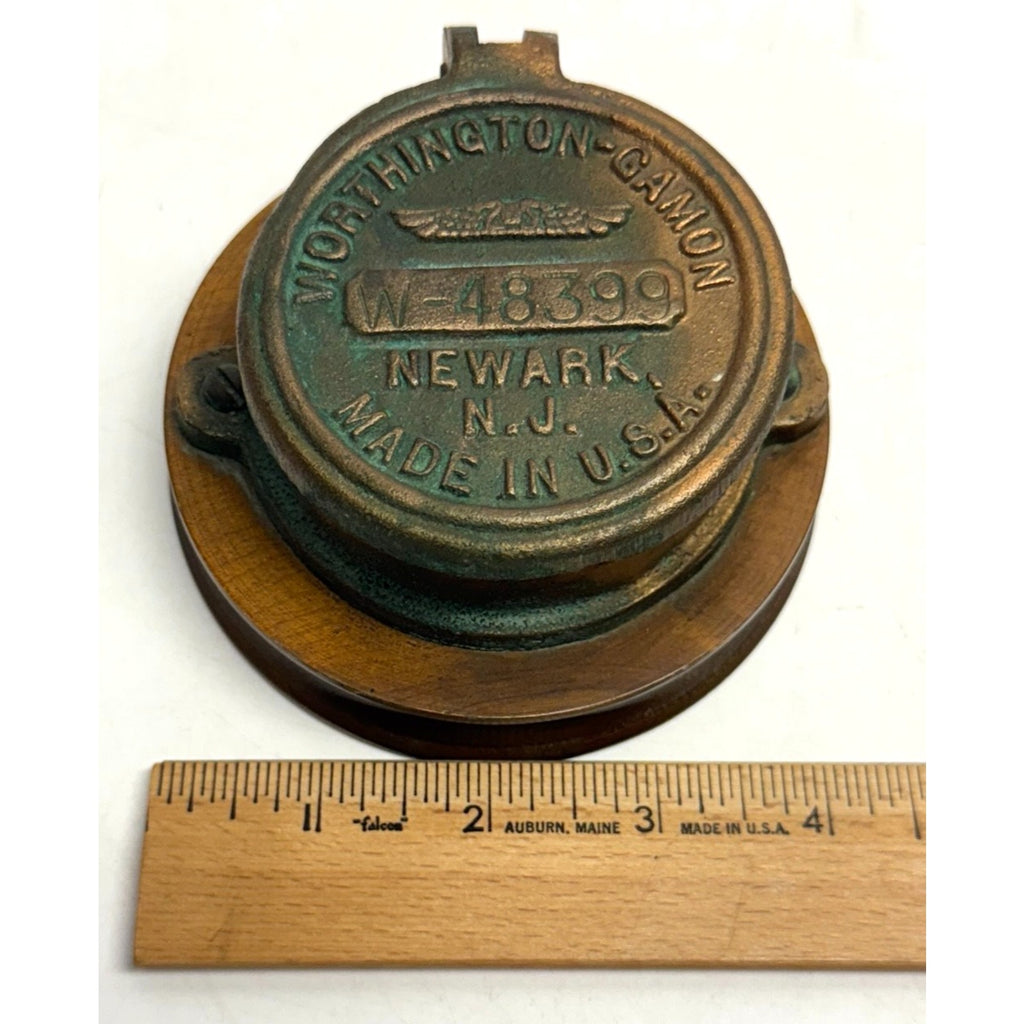 Vintage "Worthington-Gamon" Water Meter Brass Cover ..Mounted on Wood W-48399