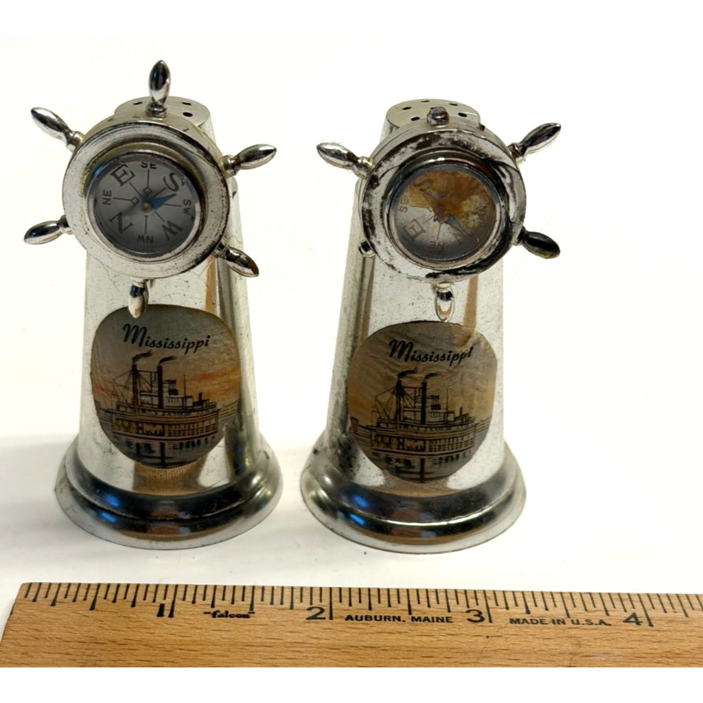 Vintage Mississippi salt, pepper shakers with compass