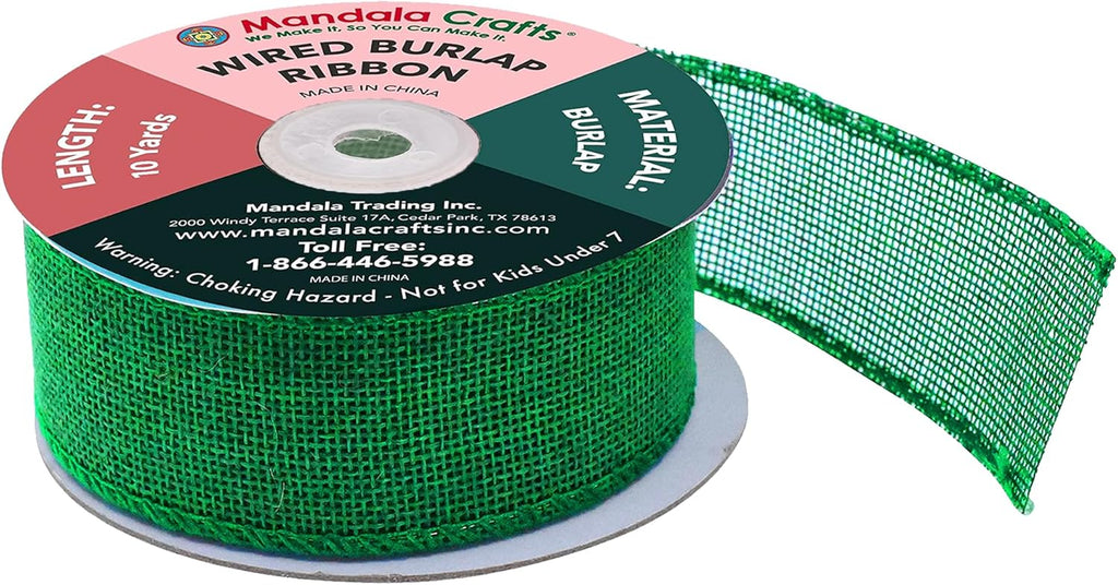 Green Burlap Wired Ribbon 1.5 Inches Wide Jute Ribbons for Crafts - 10 Yds Roll Rustic Burlap Wrap Trim Ribbons for Wreaths Bows Party Decoration