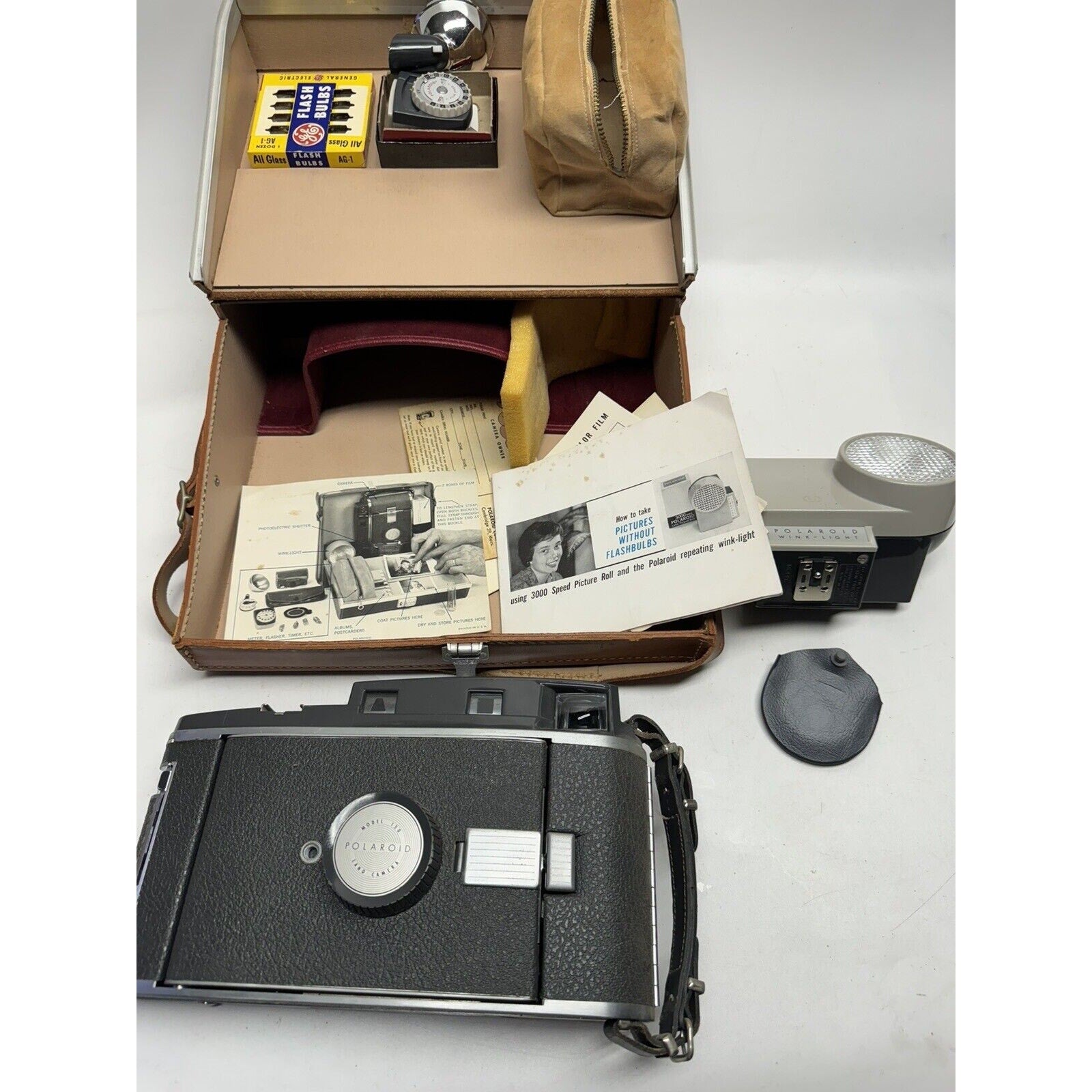 Vintage Polaroid Land Camera Model 150 and the 800 Set w/Leather Case WORKS!
