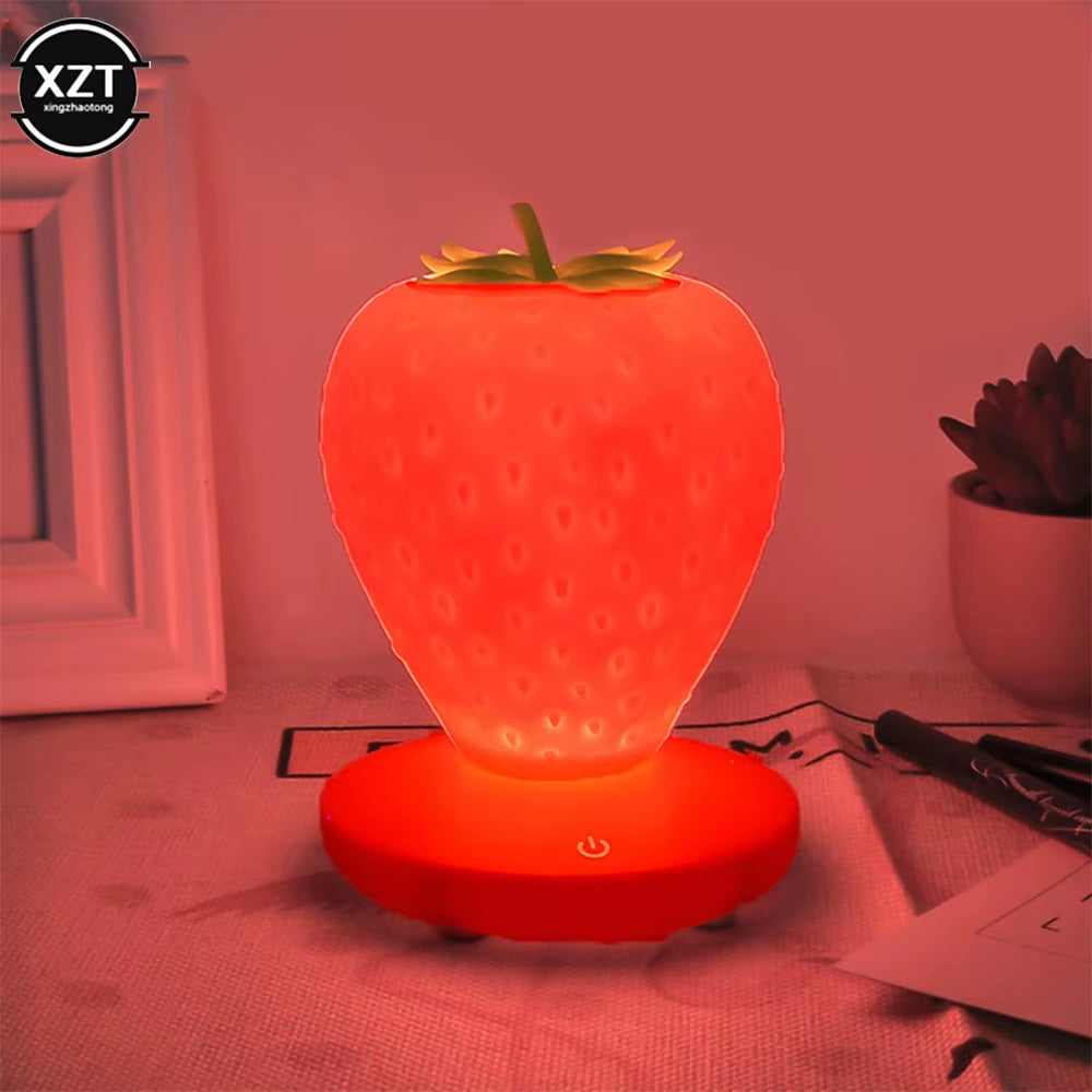 LED Strawberry Lamp for Bedroom Silicon Touch-Sensor USB Rechargeable Dimmable Idyllic Bedside Night Light for House Decoration