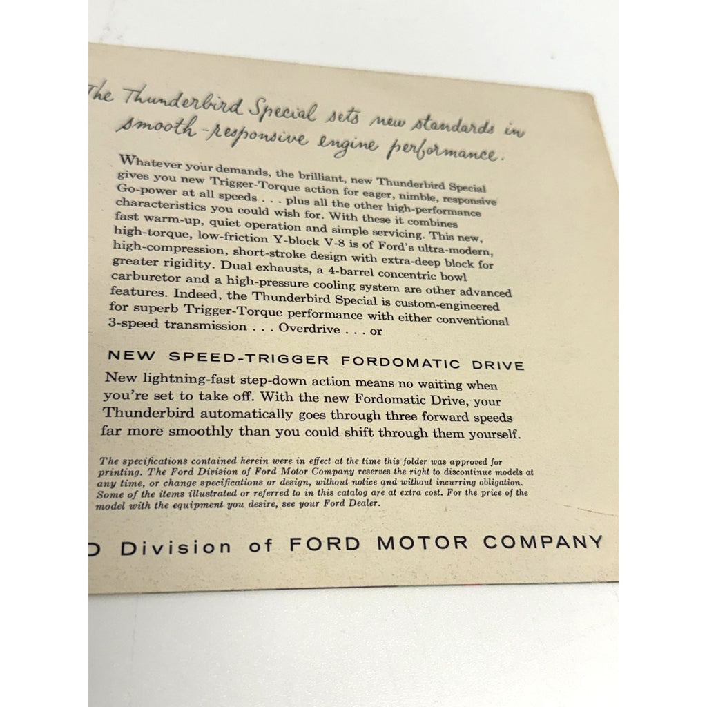 Vtg Original 1955 Ford Thunderbird Foldout Sales Brochure 55 Convertible Hardtop