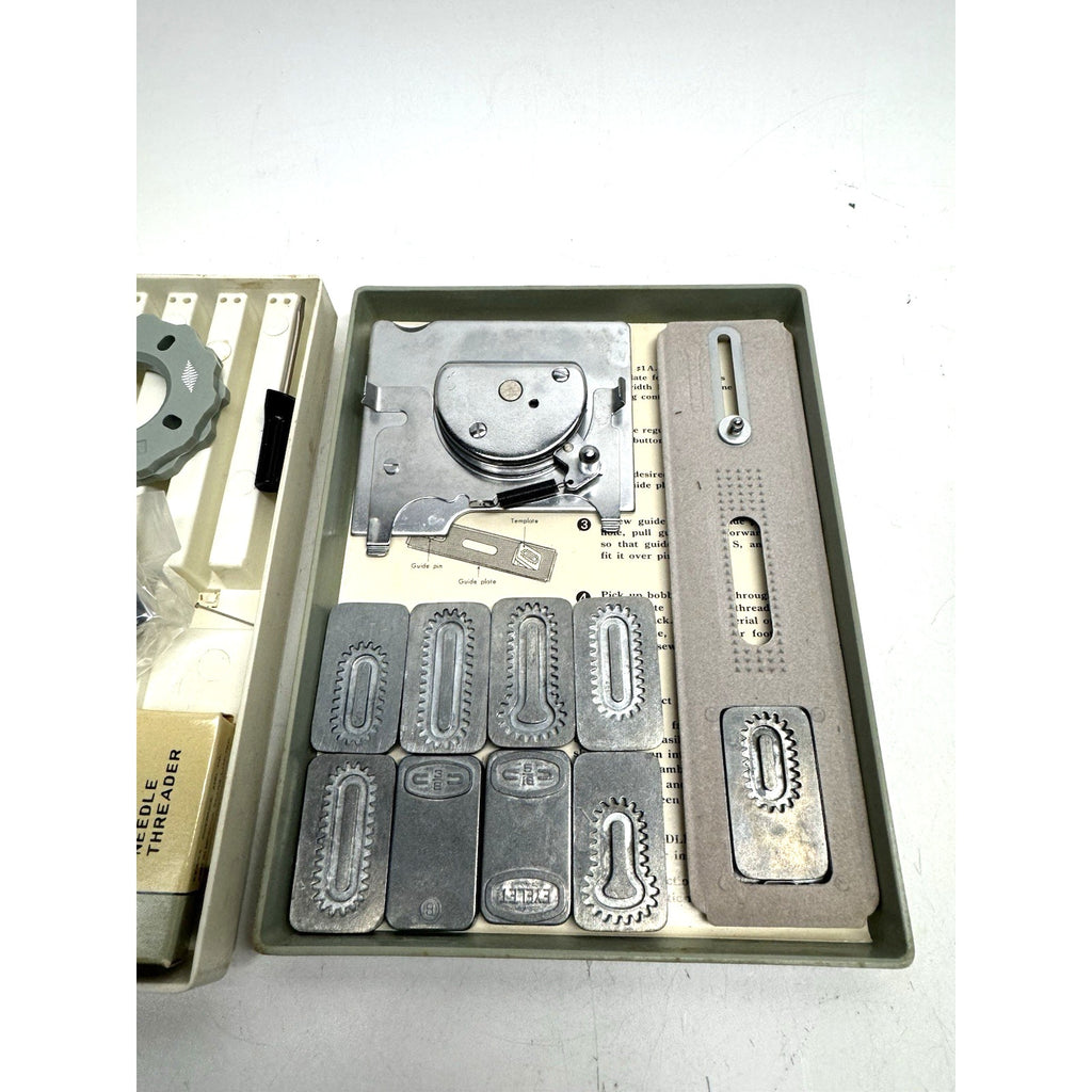 VINTAGE Sears Kenmore Sewing Machine Buttonholes Templates Part Attachments Box