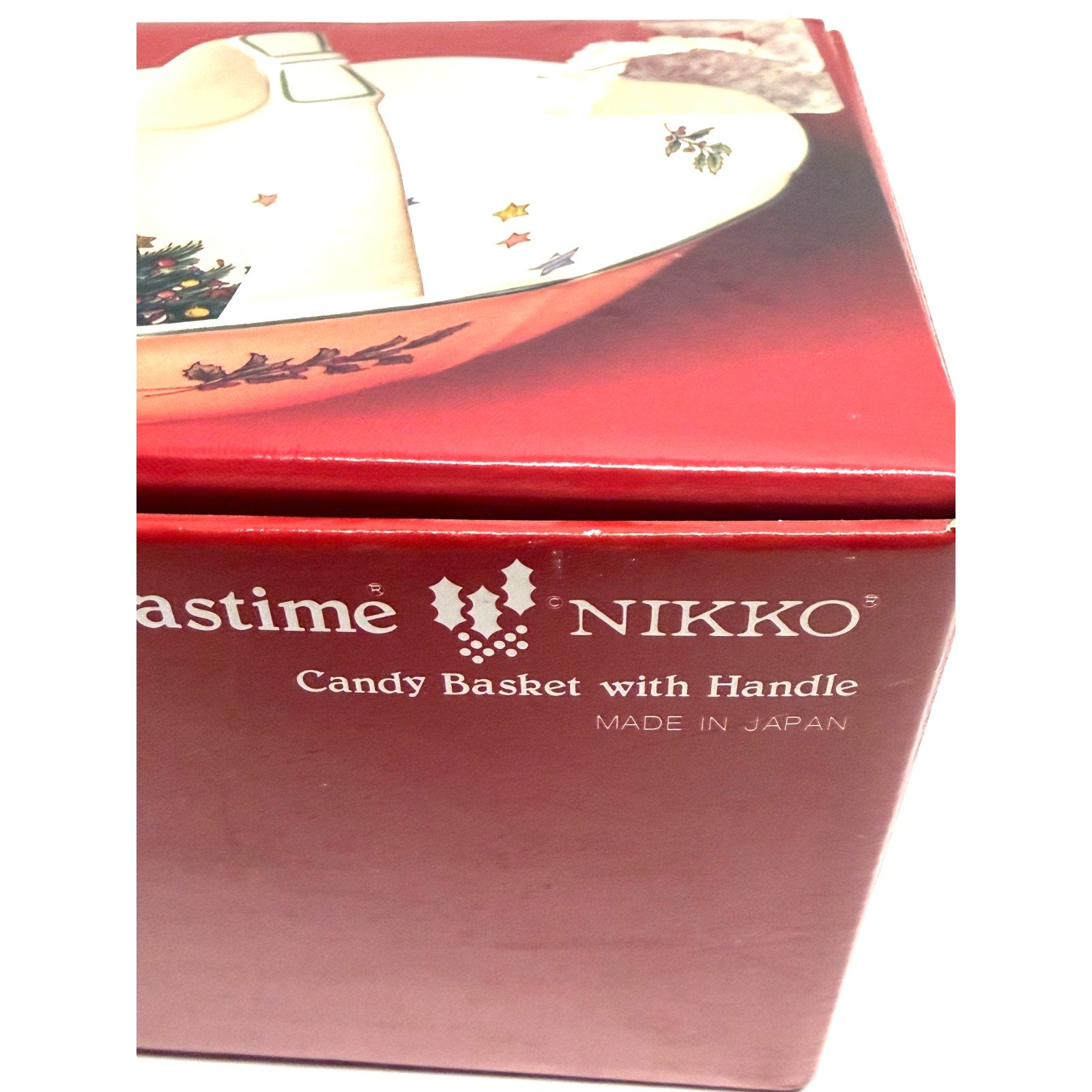 Vintage Nikko Christmastime Ceramic Candy Basket With Handle In Original Box