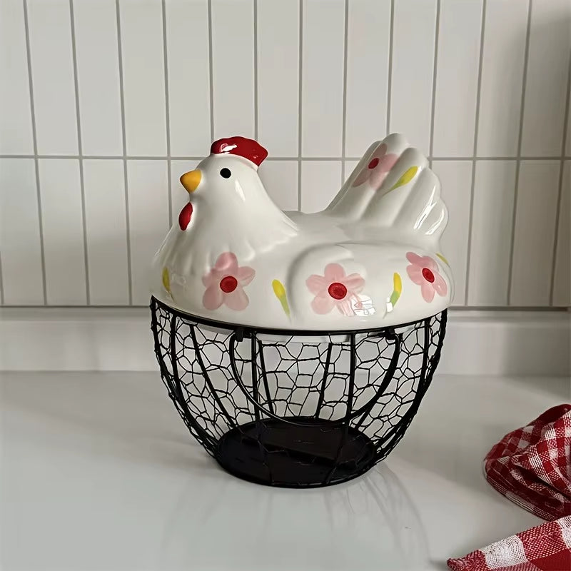 1Pc Farmhouse Hen-Shaped Ceramic Egg Baske -Ceramic Egg Holder with Lid,Rustic Kitchen Organizer for Fruits/Veggies