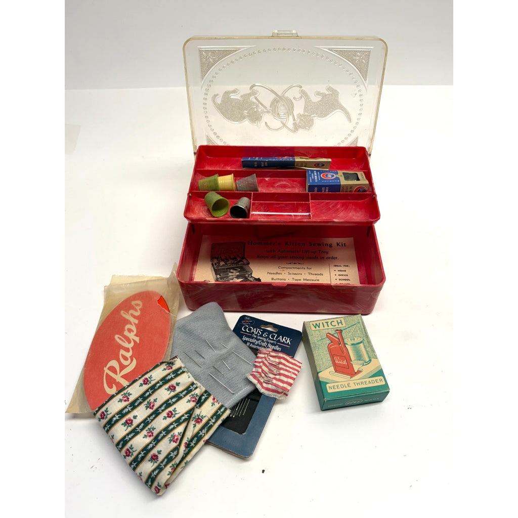 Vintage MCM Hommer Mfg Hard Plastic Marbled Sewing Box with Needles
