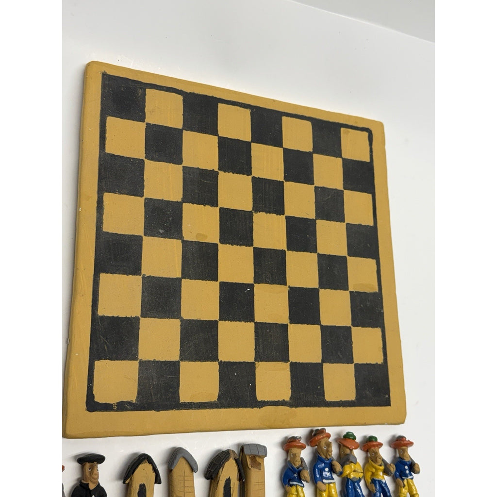 Vintage Handmade Painted Crafted Brazilian Chess Set Clay 32 Figurines