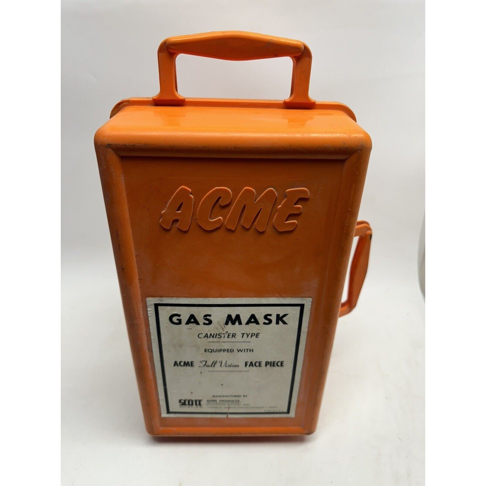 1930's Vintage ACME full vision Gas Mask Canister Type Orange Carry Box