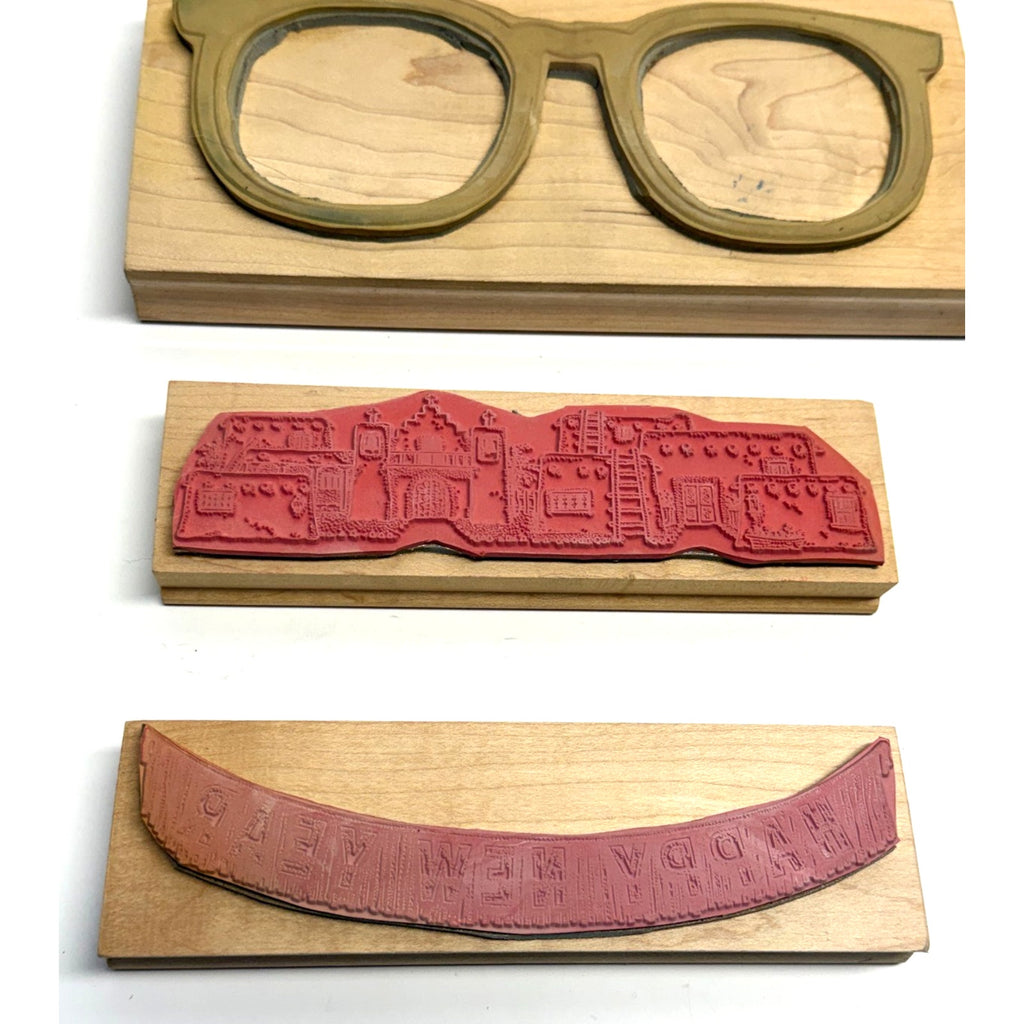 Vintage NOS Lot of 3 Wood Mounted Rubber Stamp Eyeglasses & Landscape