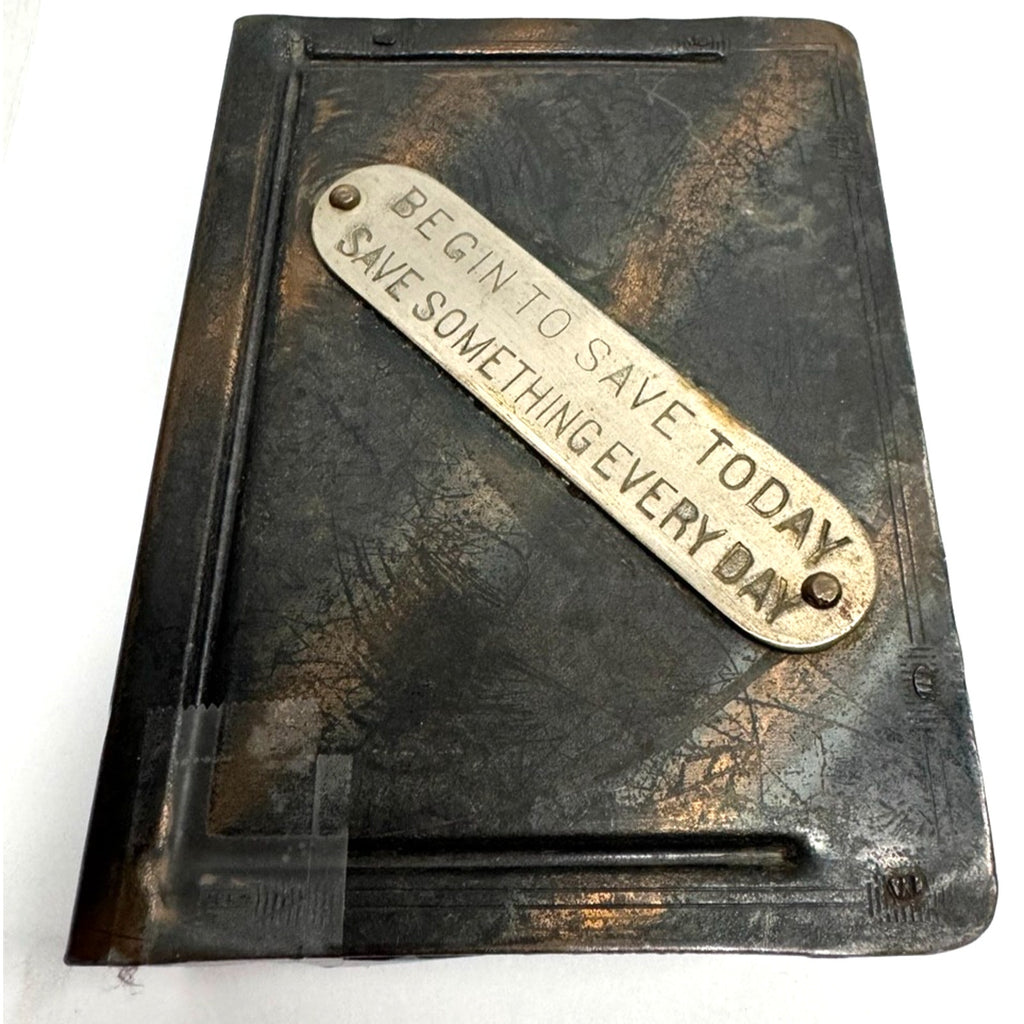 Vintage "BEGIN TO SAVE TODAY SAVE SOMETHING EVERY DAY" COIN BANK With Key