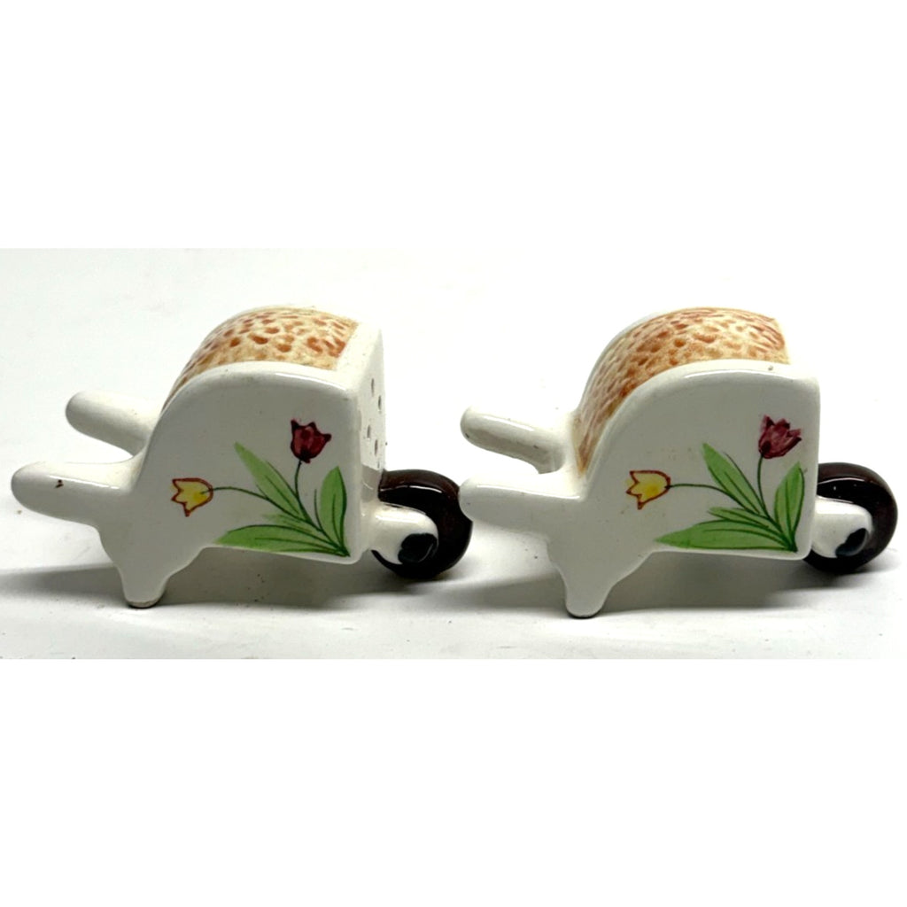 Vintage Porcelain Wheelbarrow Salt & Pepper Shakers Tulips Spring (Japan)