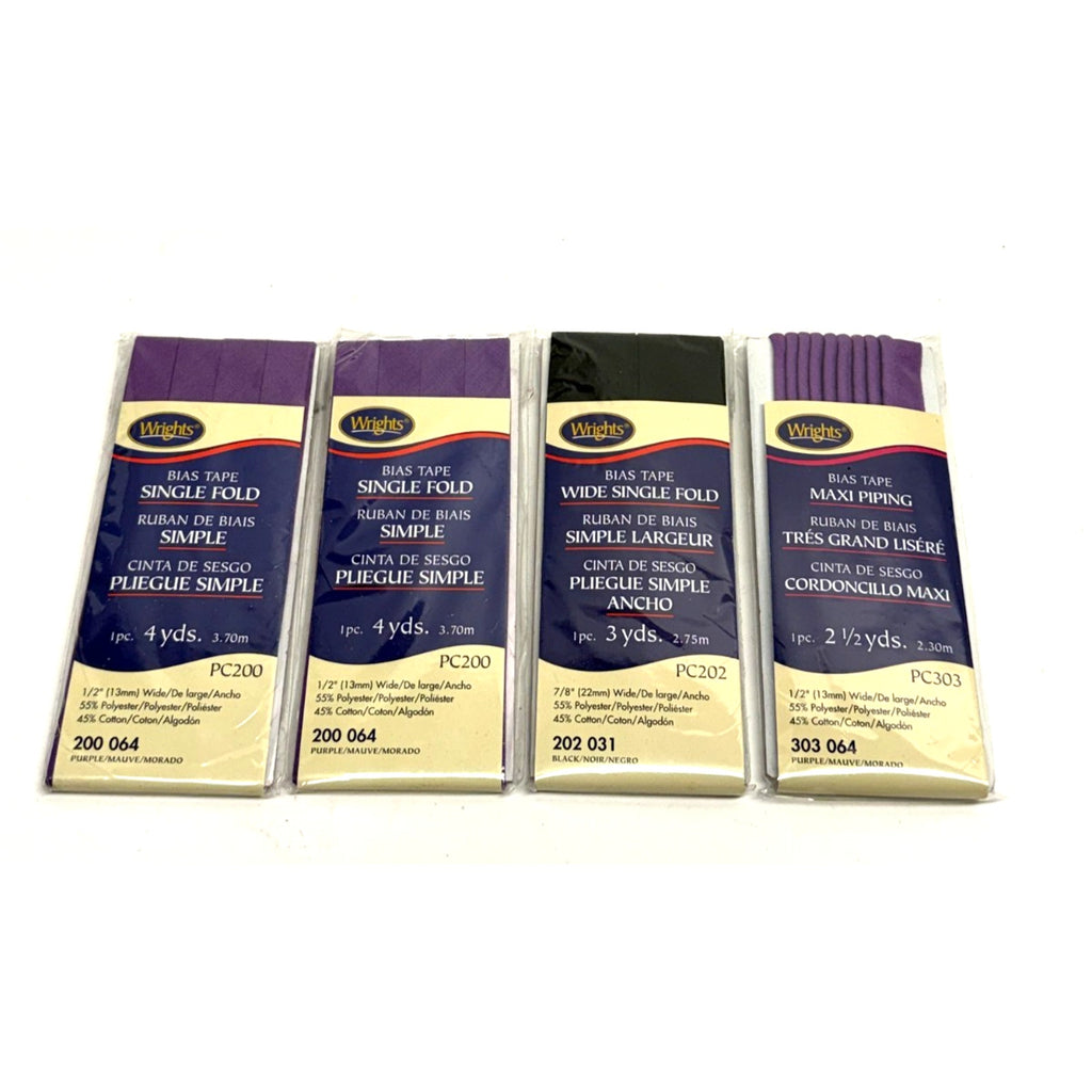 VINTAGE Lot of 4 Wrights Bias Tape & Maxi Piping Single Fold Purple Black