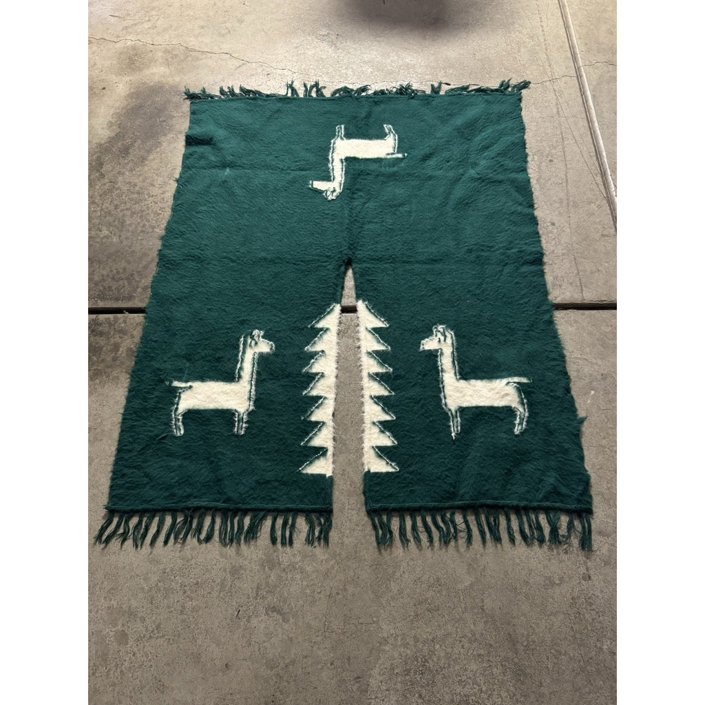Vintage 1980 Alpaca Peruvian Wool Poncho/Blanket Lima Peru Green 52"X41"