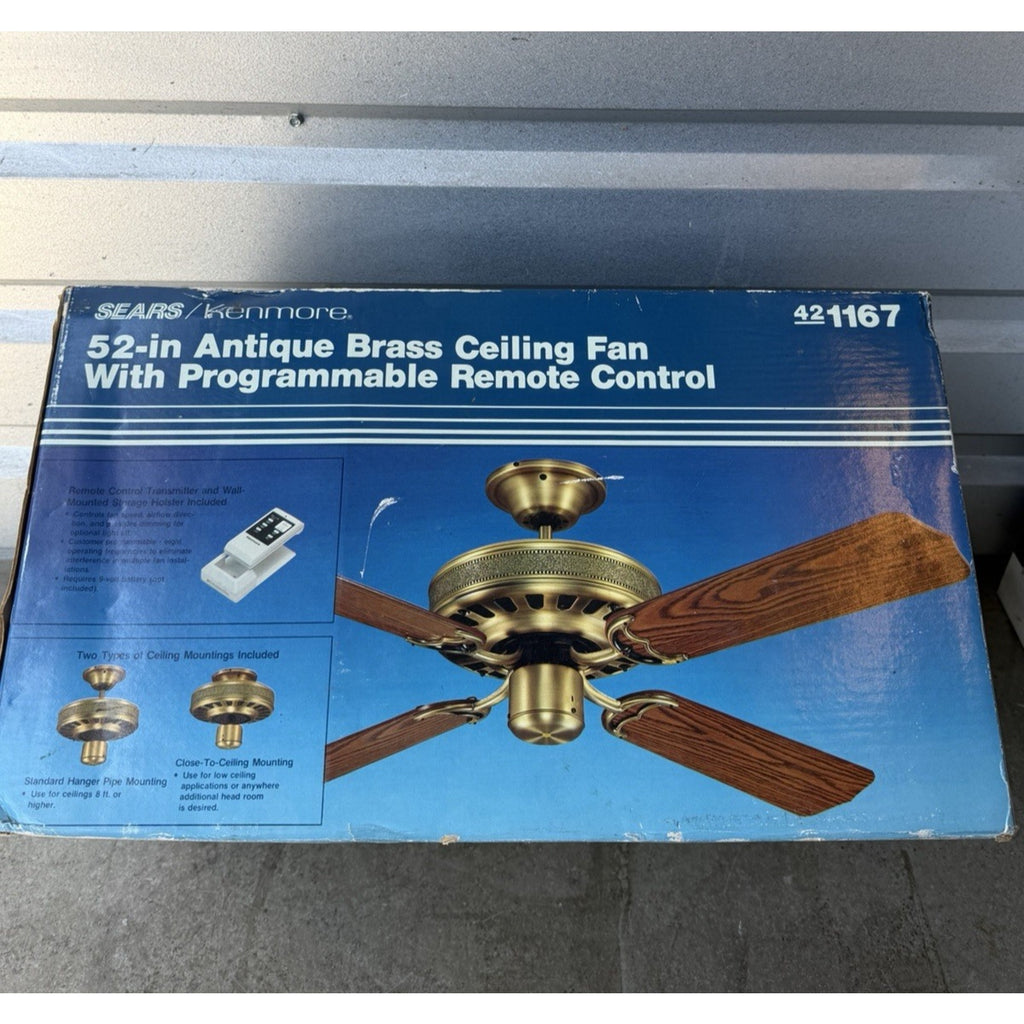 Vintage SEALED Sears 52” Antique Brass Ceiling Fan w/Programmable Remote Control