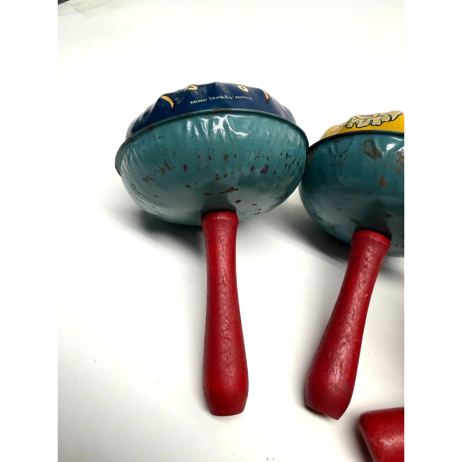 VTG Lot of 3 Kirchhof Tin Litho Noise Makers Rattle Wood Handle Made in USA