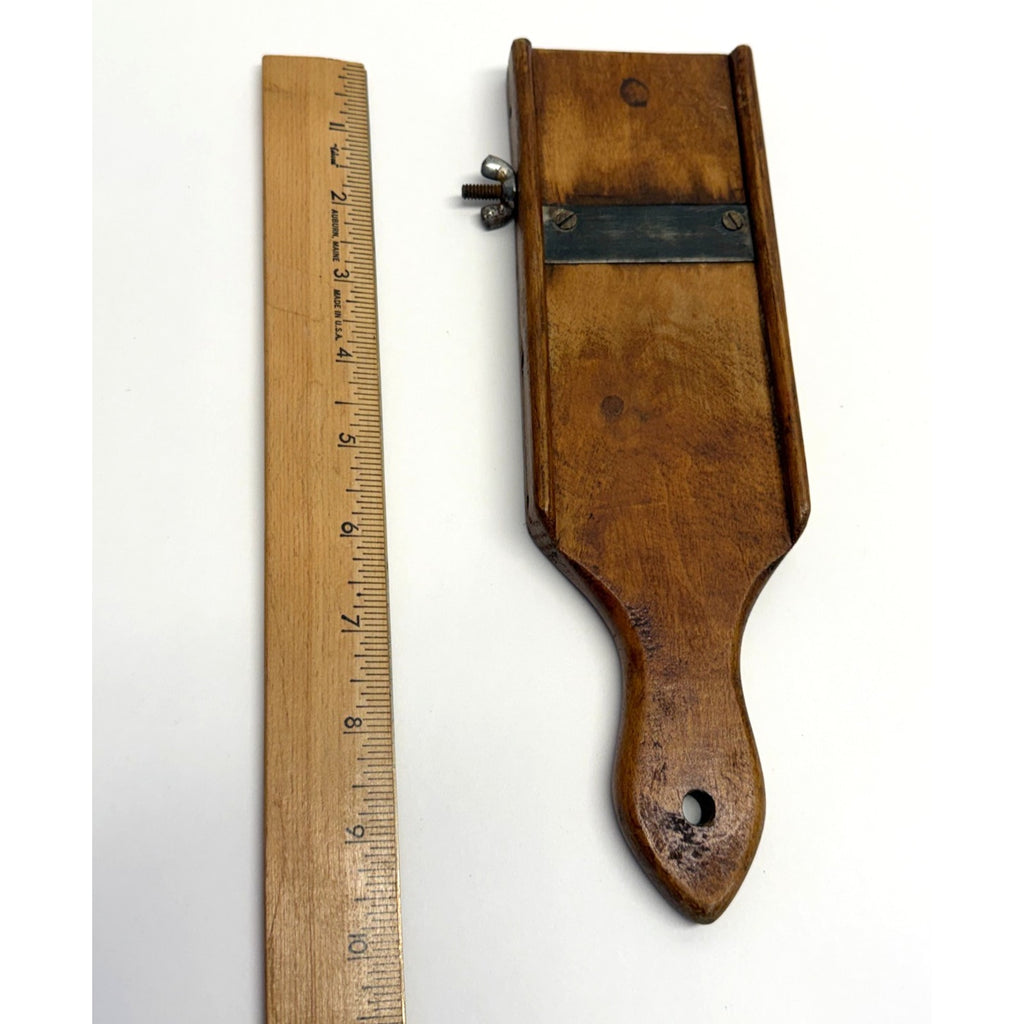 VINTAGE ANTIQUE HAND-HELD WOODEN SLAW CUTTER WITH WIDE BLADE & 10"