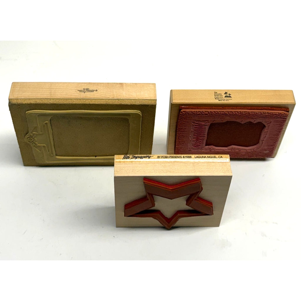 VINTAGE NEW Lot of 3 Wood Rubber Stamps: Clipboard, Wanted Poster, Star