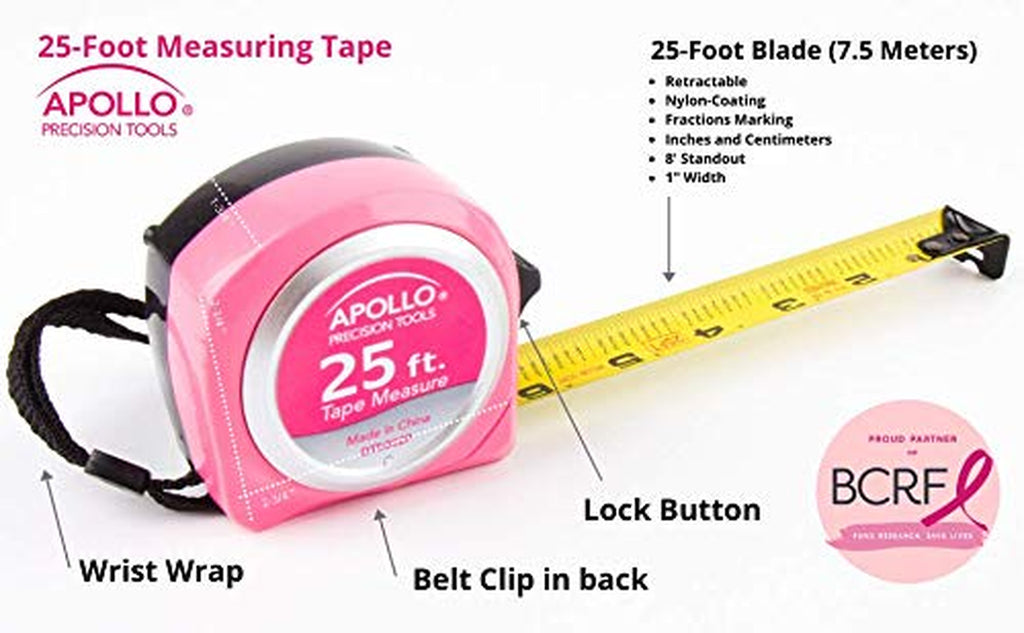 Tools Measuring Tape, 25 Foot Tape Measure with Retractable Blade, Fraction Markings, 1 Inch Nylon Blade, 8 Foot Standout, Lock Button and Belt Clip - Pink Ribbon - Pink - DT5002P