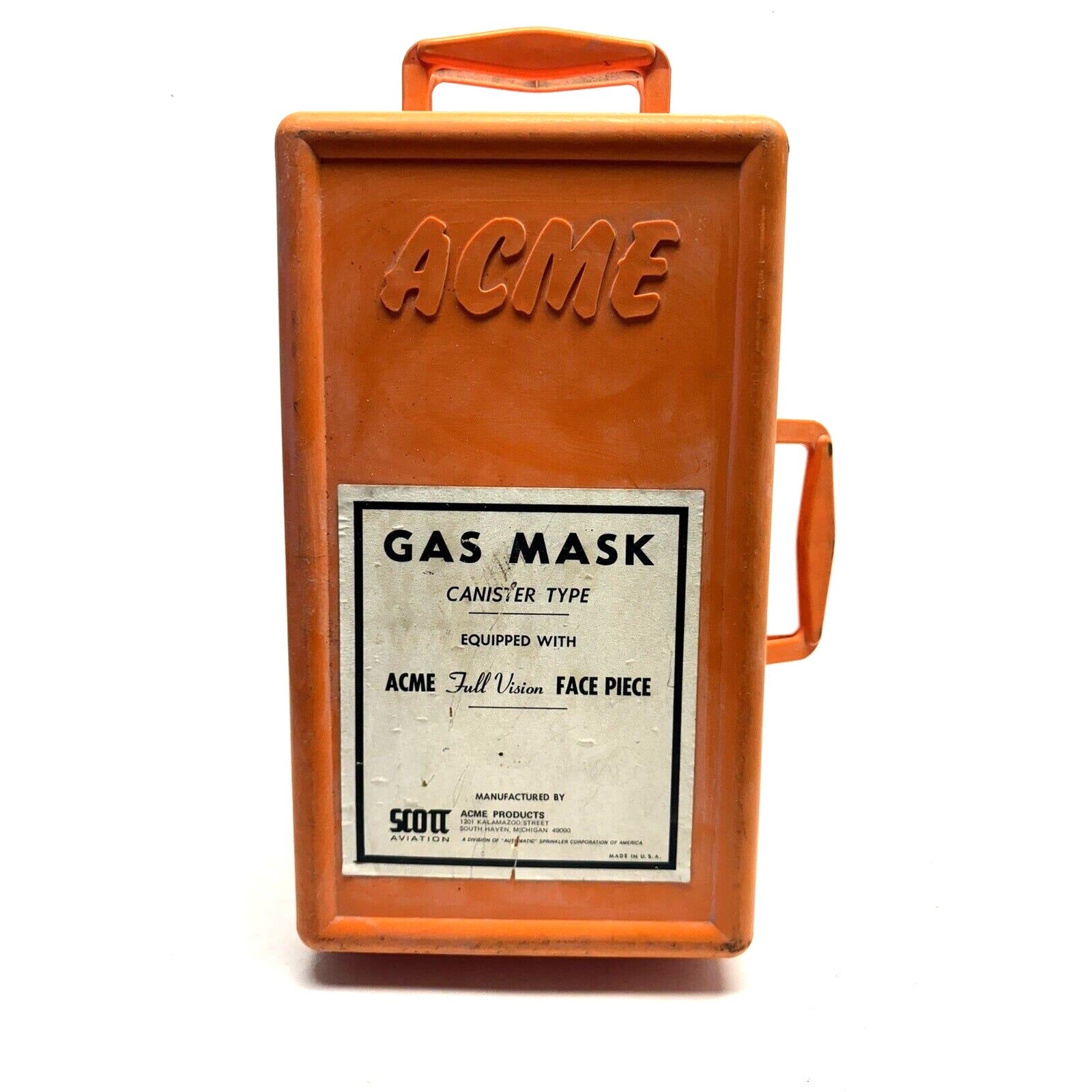 1930's Vintage ACME full vision Gas Mask Canister Type Orange Carry Box