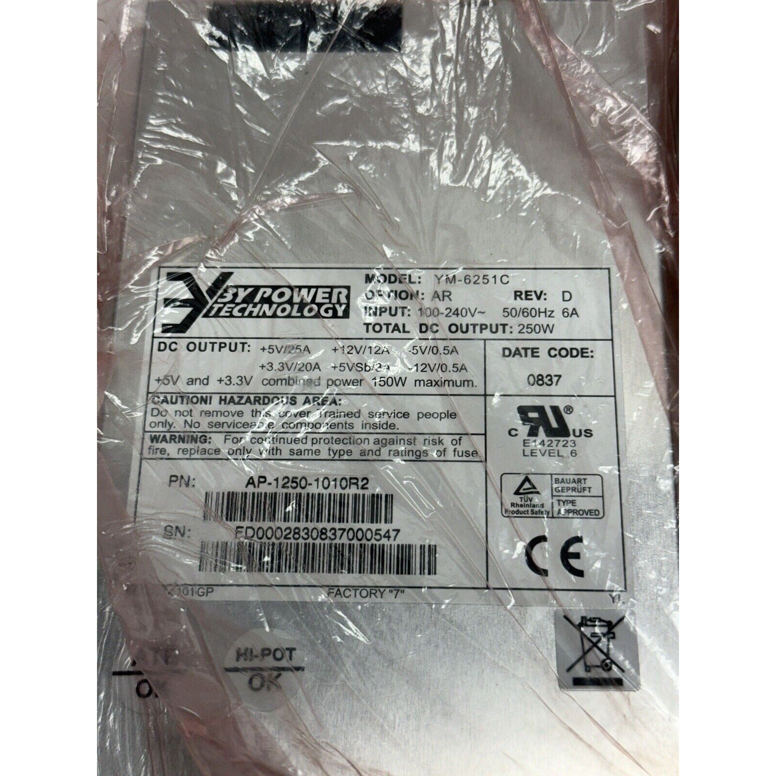 SEALED 3Y POWER TECHNOLOGY YM-6251C AP-1250-1010 POWER SUPPLY 250w +-5/12v &3.3v
