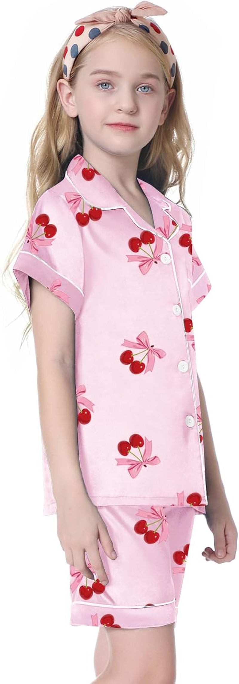 Women & Girls Pajamas Set, Soft Satin Lightweight Silk Button-Down Top with Shorts 2 Piece PJS for Mom Boys Kids Gifts