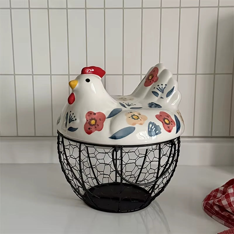 1Pc Farmhouse Hen-Shaped Ceramic Egg Baske -Ceramic Egg Holder with Lid,Rustic Kitchen Organizer for Fruits/Veggies