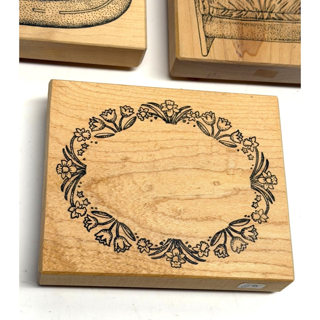 VINTAGE LOT of 3 Wood Mounted Rubber Stamps Road Chair Wreath Arts Crafts