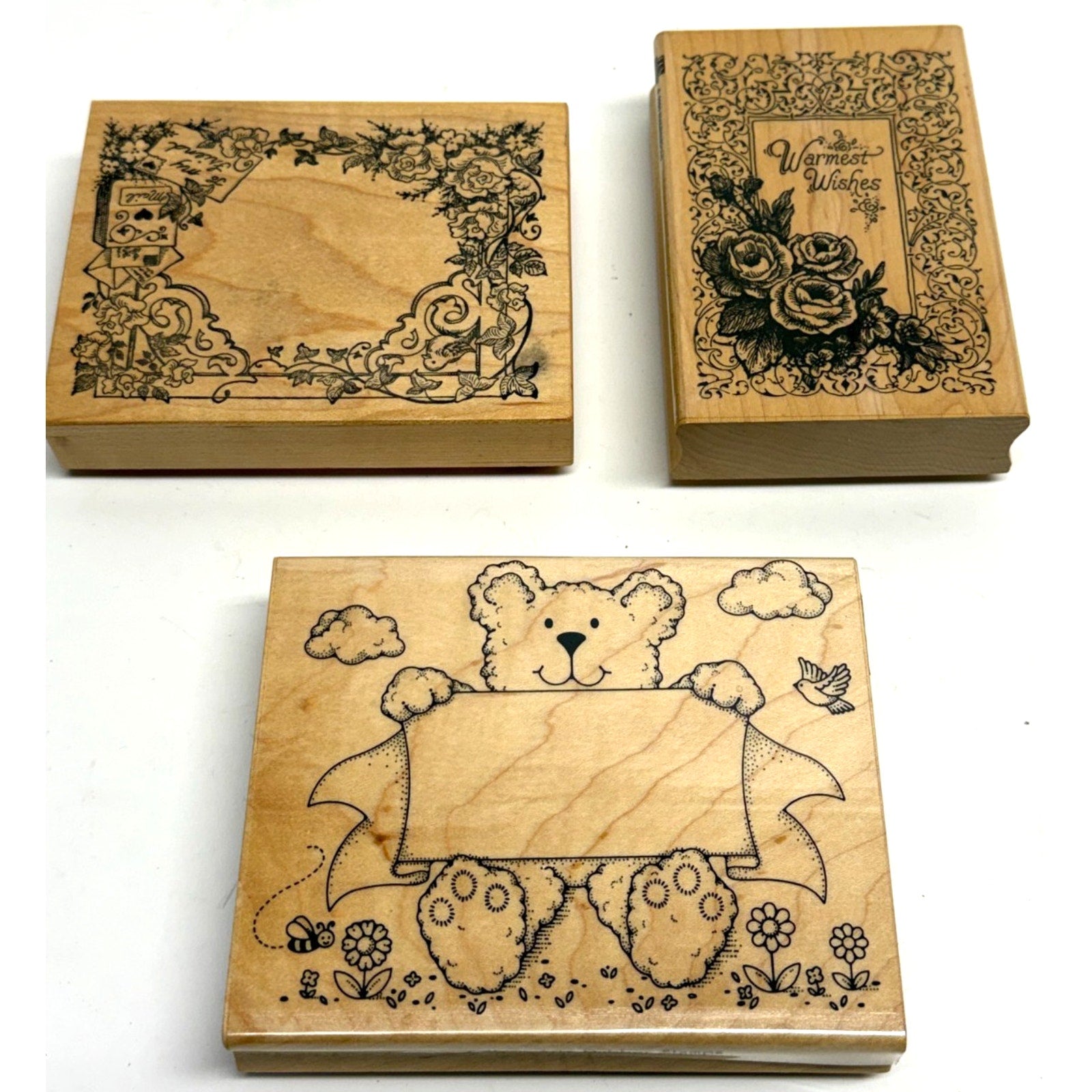 VTG Rubber Stamp Lot (3): Hero Arts Bear, Stampendous "Warmest Wishes", Floral