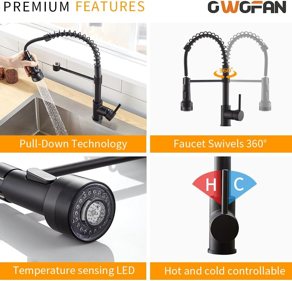 Kitchen Faucet with Sprayer Single Handle Pull down Sprayer Spring Matte Black Kitchen Sink Faucet with LED Light 9005R