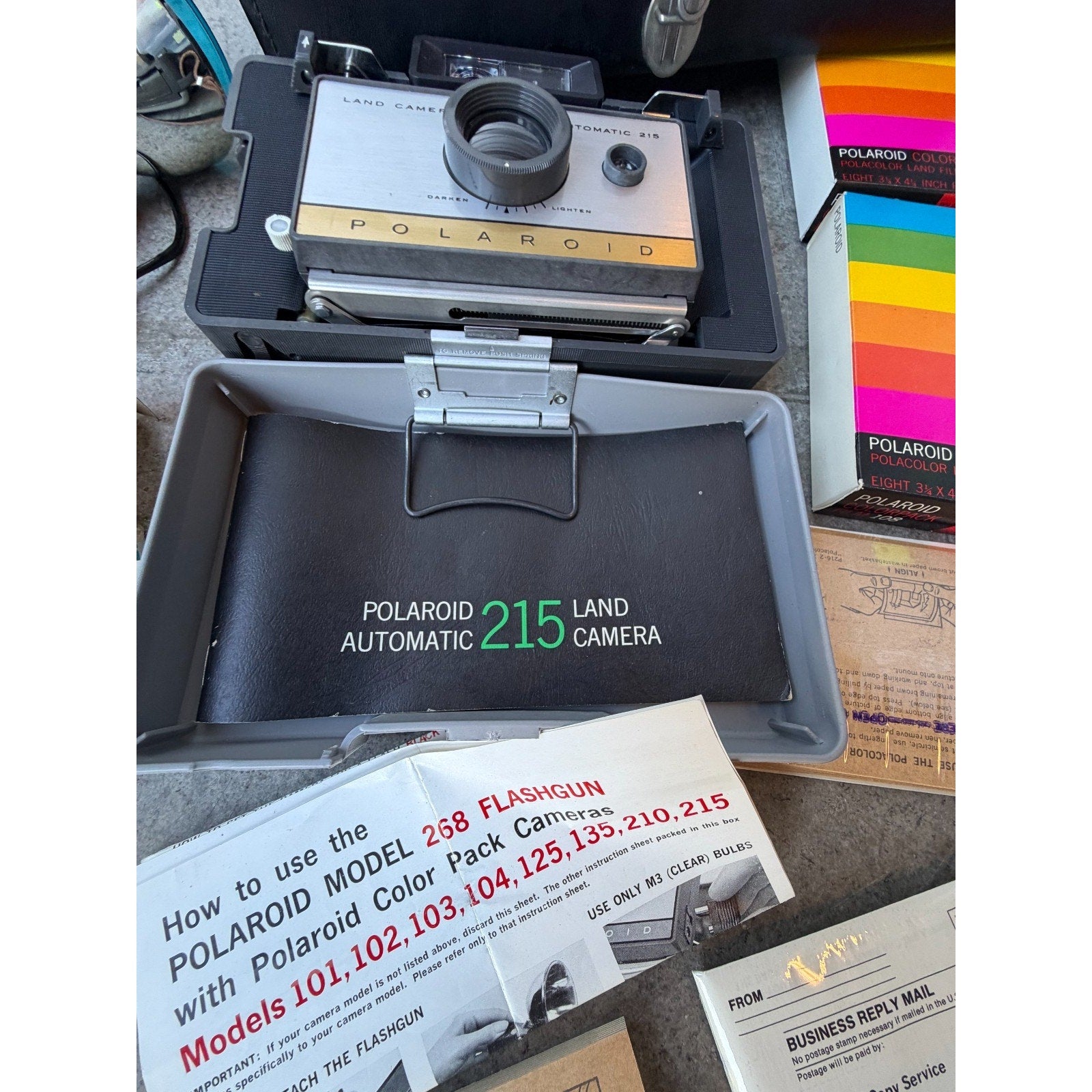 VINTAGE Polaroid Land Camera MODEL 215 W/ Case, Manual & Accessories