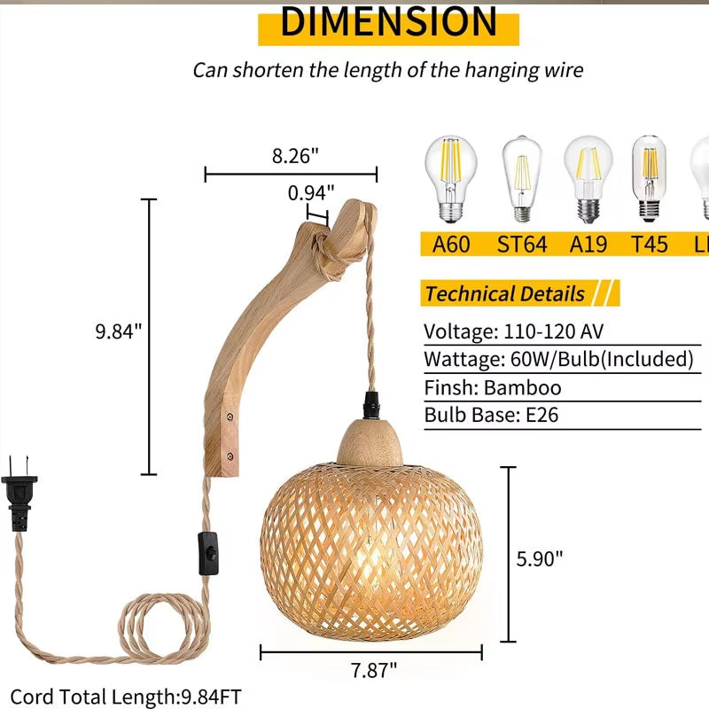 Bamboo Lantern Wall Lamp - Hand-Woven Natural Rattan Wicker E27 Chandeliers and Wall Light Fixtures for Elegant Room Decor