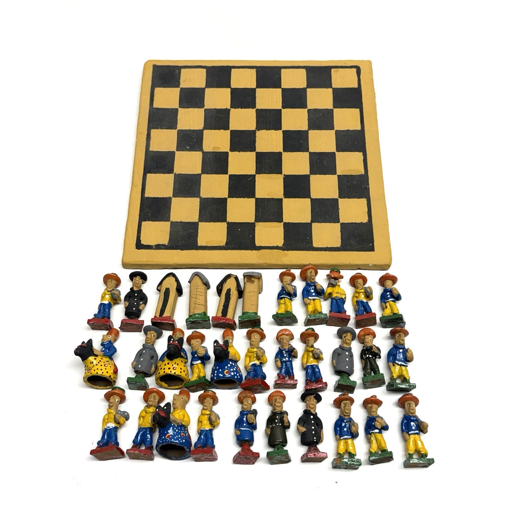 Vintage Handmade Painted Crafted Brazilian Chess Set Clay 32 Figurines