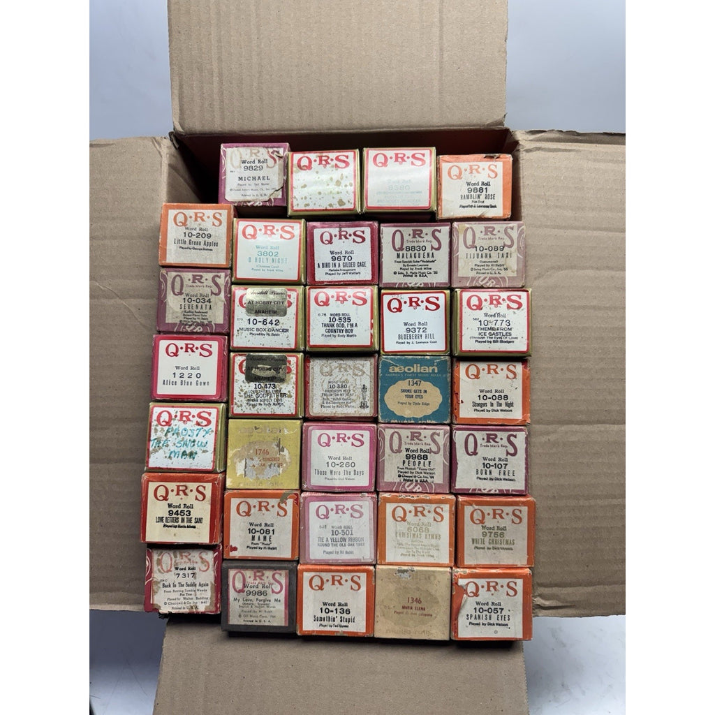 VINTAGE QRS WORD ROLL PIANO PLAYER MUSIC ROLLS LOT OF 34 ROLLS MELODEE SONGS