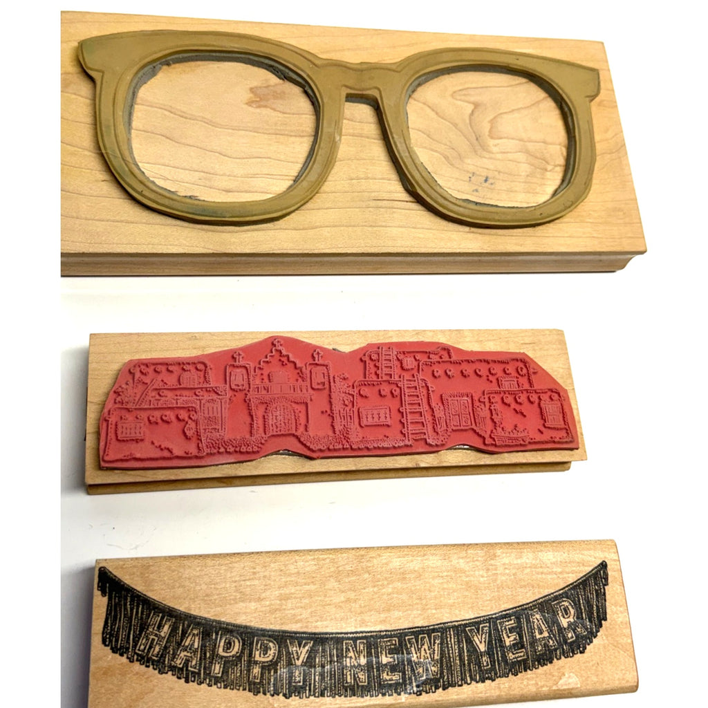 Vintage NOS Lot of 3 Wood Mounted Rubber Stamp Eyeglasses & Landscape