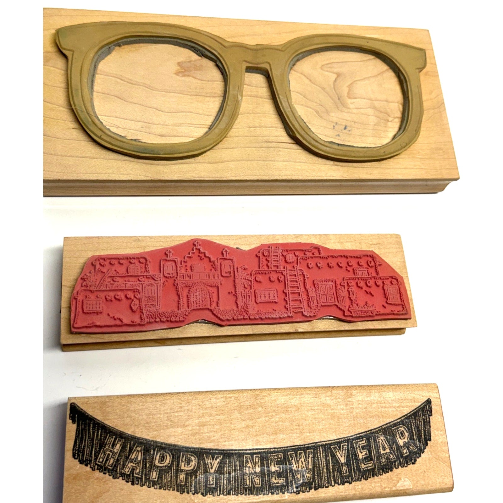 Vintage NOS Lot of 3 Wood Mounted Rubber Stamp Eyeglasses & Landscape