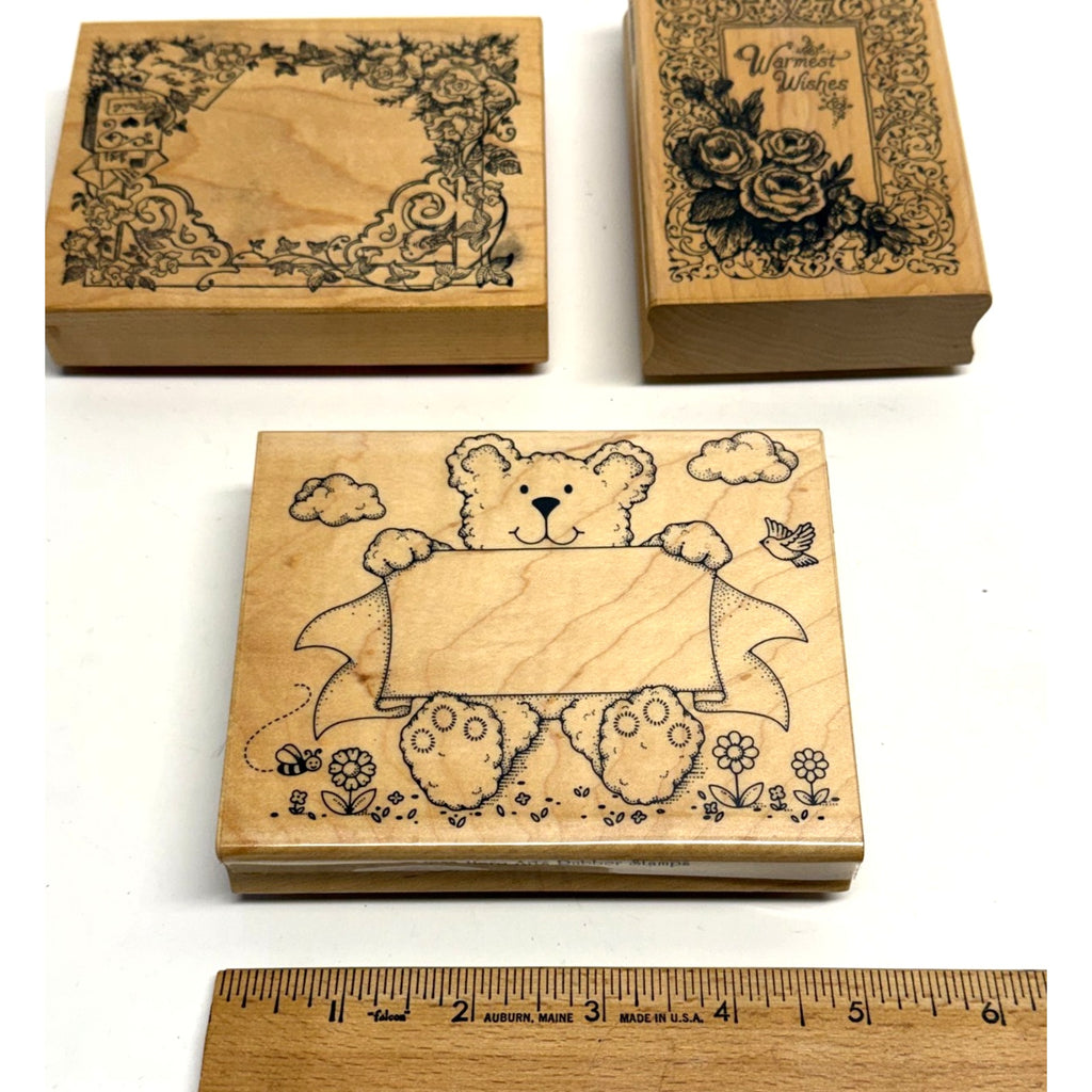 VTG Rubber Stamp Lot (3): Hero Arts Bear, Stampendous "Warmest Wishes", Floral